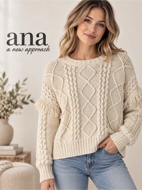 a.n.a Fringe Cable Knit Pullover Sweater Beige Petite Medium PM